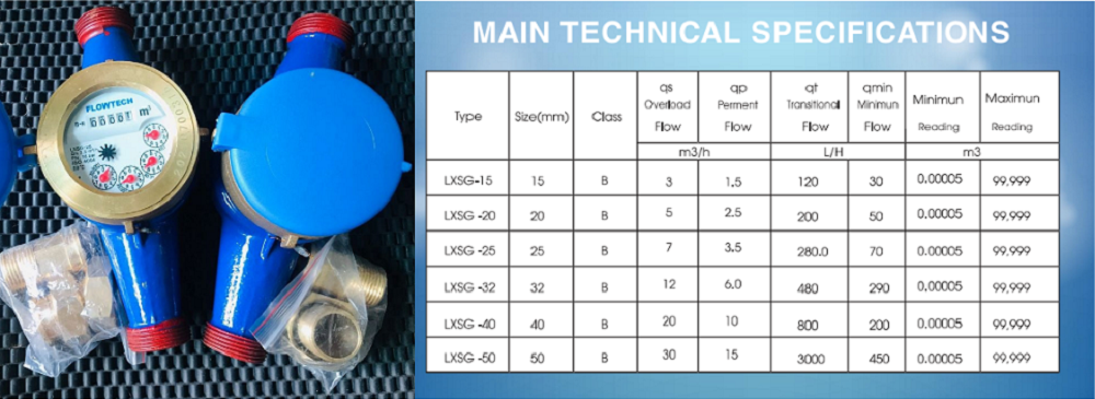 Thông số kỹ thuật đồng hồ nước thân LXSG Flowtech