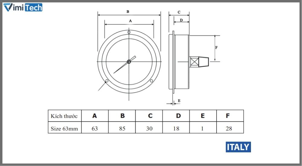 Các thông số kĩ thuật áp kế Italy chân sau