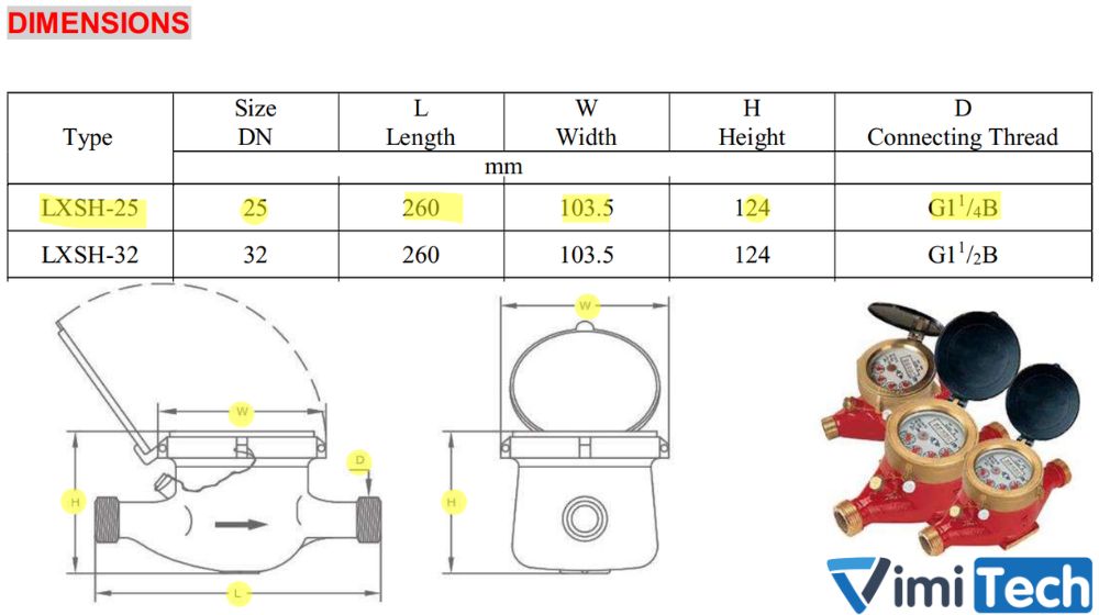 kích thước của flowtech LXSH-25