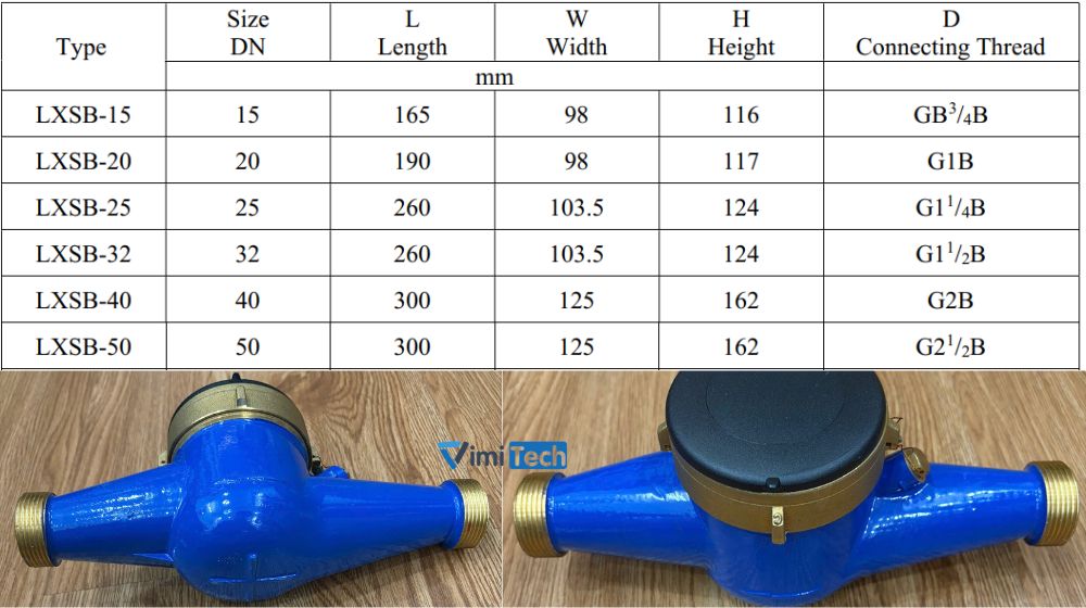 kích thước đồng hồ nước sạch lxsb