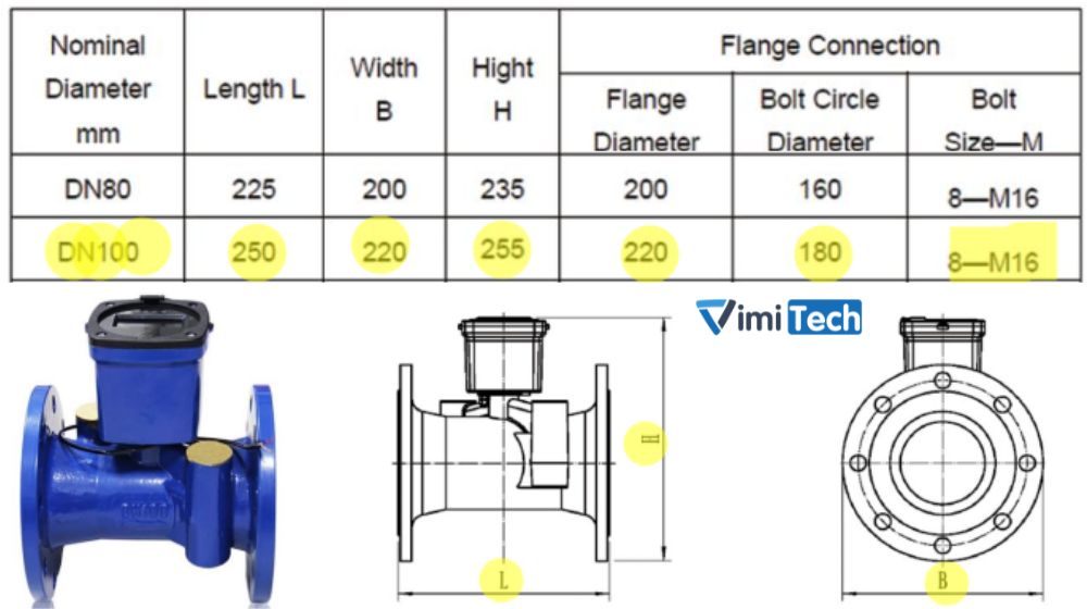 kích thước đồng hồ nước US-100