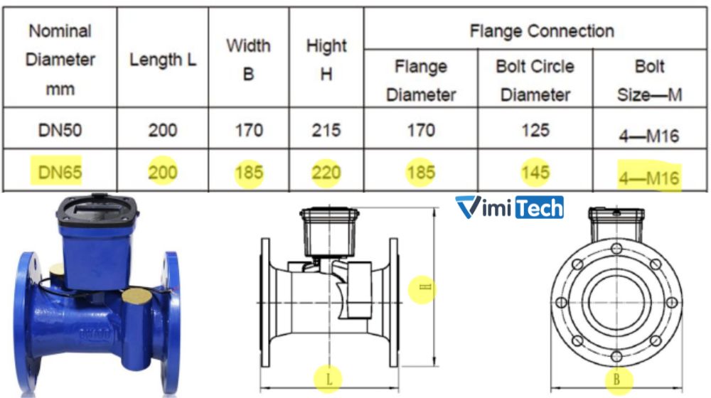 kích thước đồng hồ nước US-65
