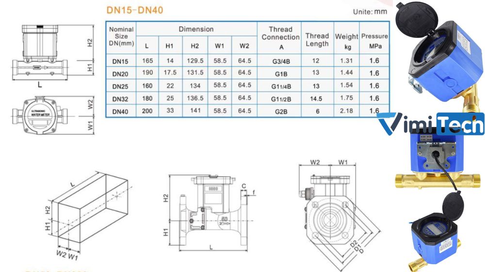 kích thước đồng hồ nước siêu âm US DN15-40