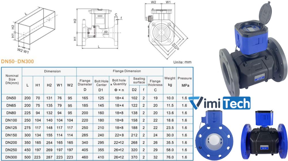 kích thước đồng hồ nước siêu âm US DN50-300