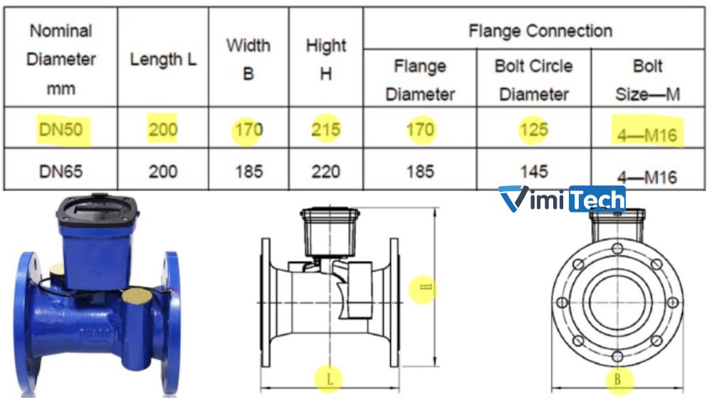 kích thước đồng hồ nước US 50